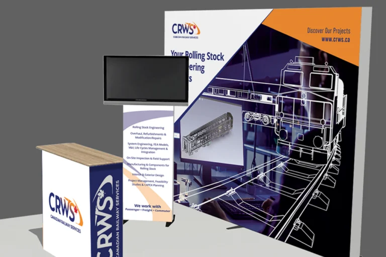 CRWS tradeshow booth design by KUD Creative – backdrop, stand and table